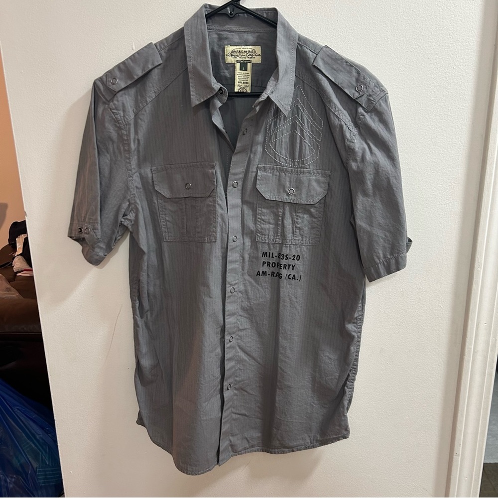 American Rag Mens Grey Military Short Sleeve Button Down Shirt MIL-83S-20 Small